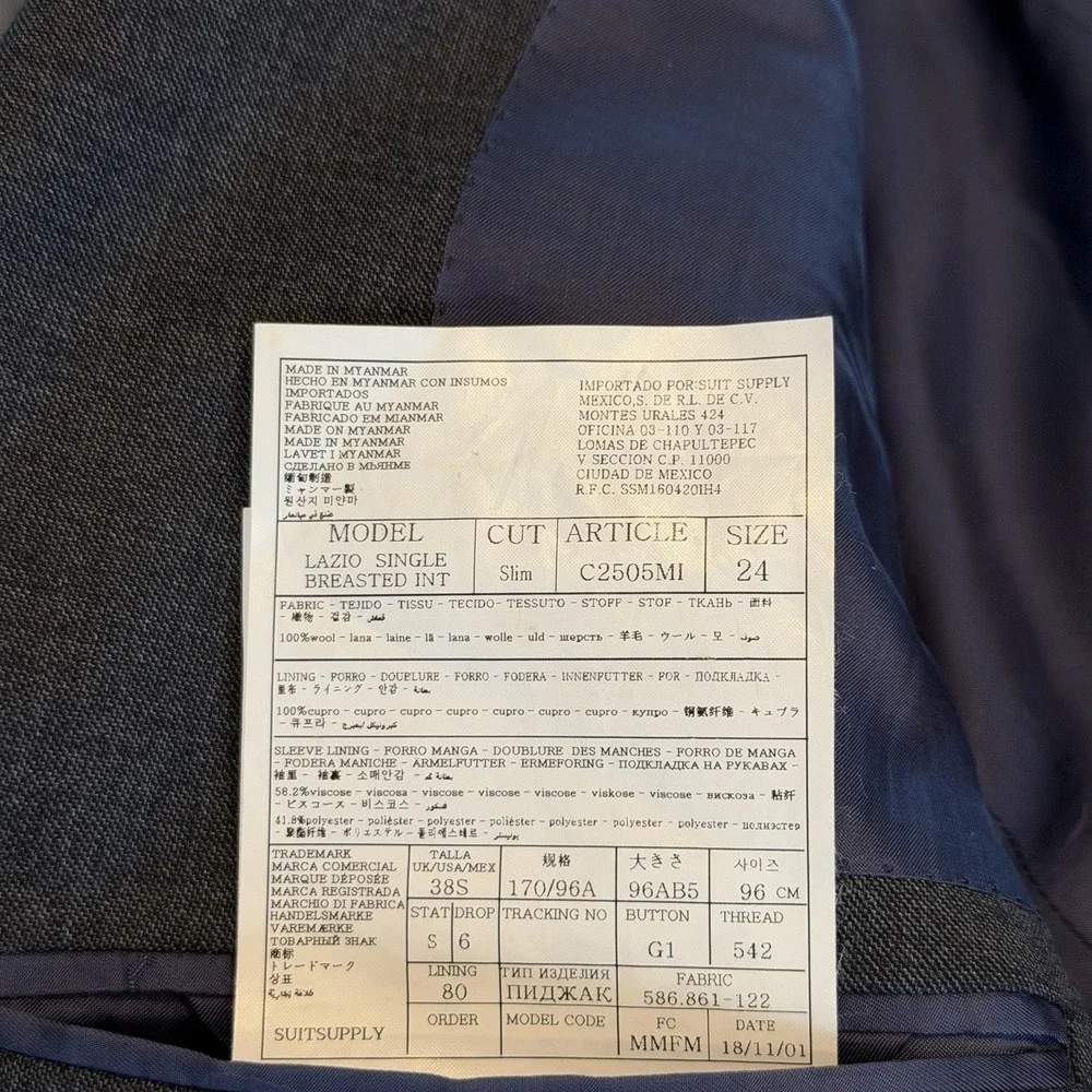 Suitsupply Lazio Int. Single Breasted Vitale Barberis Wool Blazer, Drk Gray, 38S